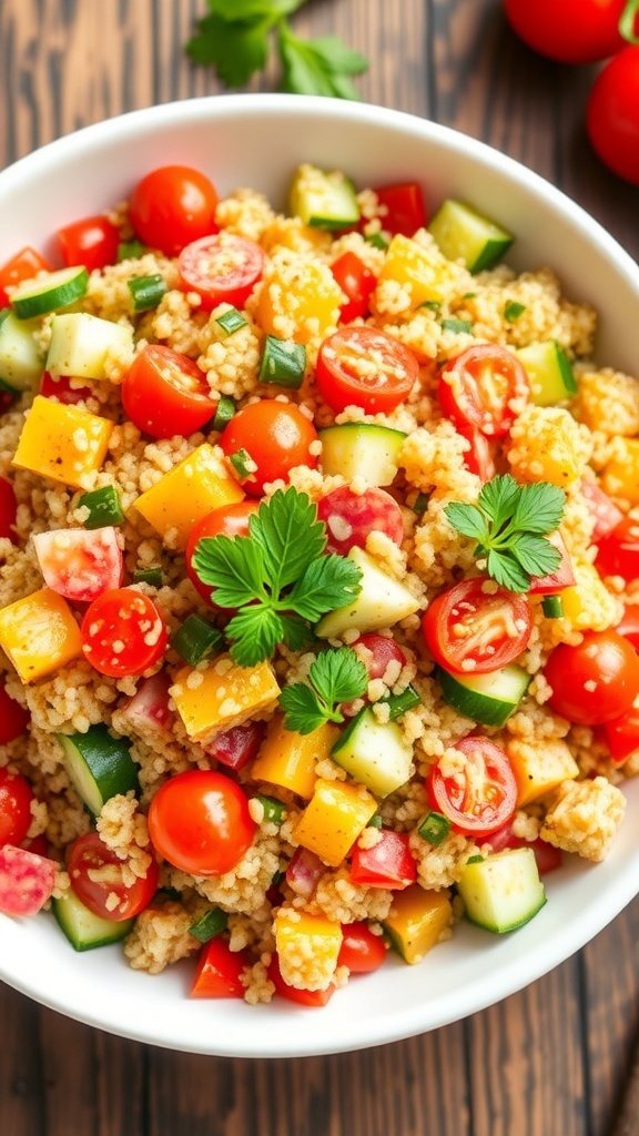 A colorful quinoa salad with cherry tomatoes, cucumbers, bell peppers, and parsley in a white bowl on a wooden table.